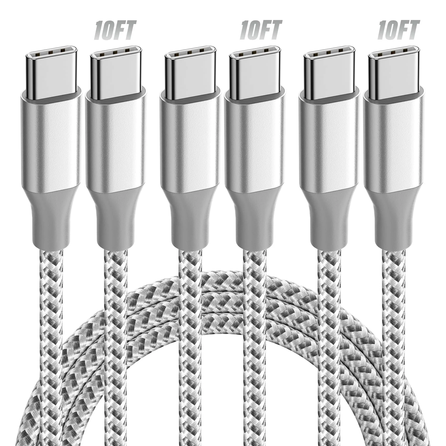 Three braided gray and white 10-foot USB-C charging cables