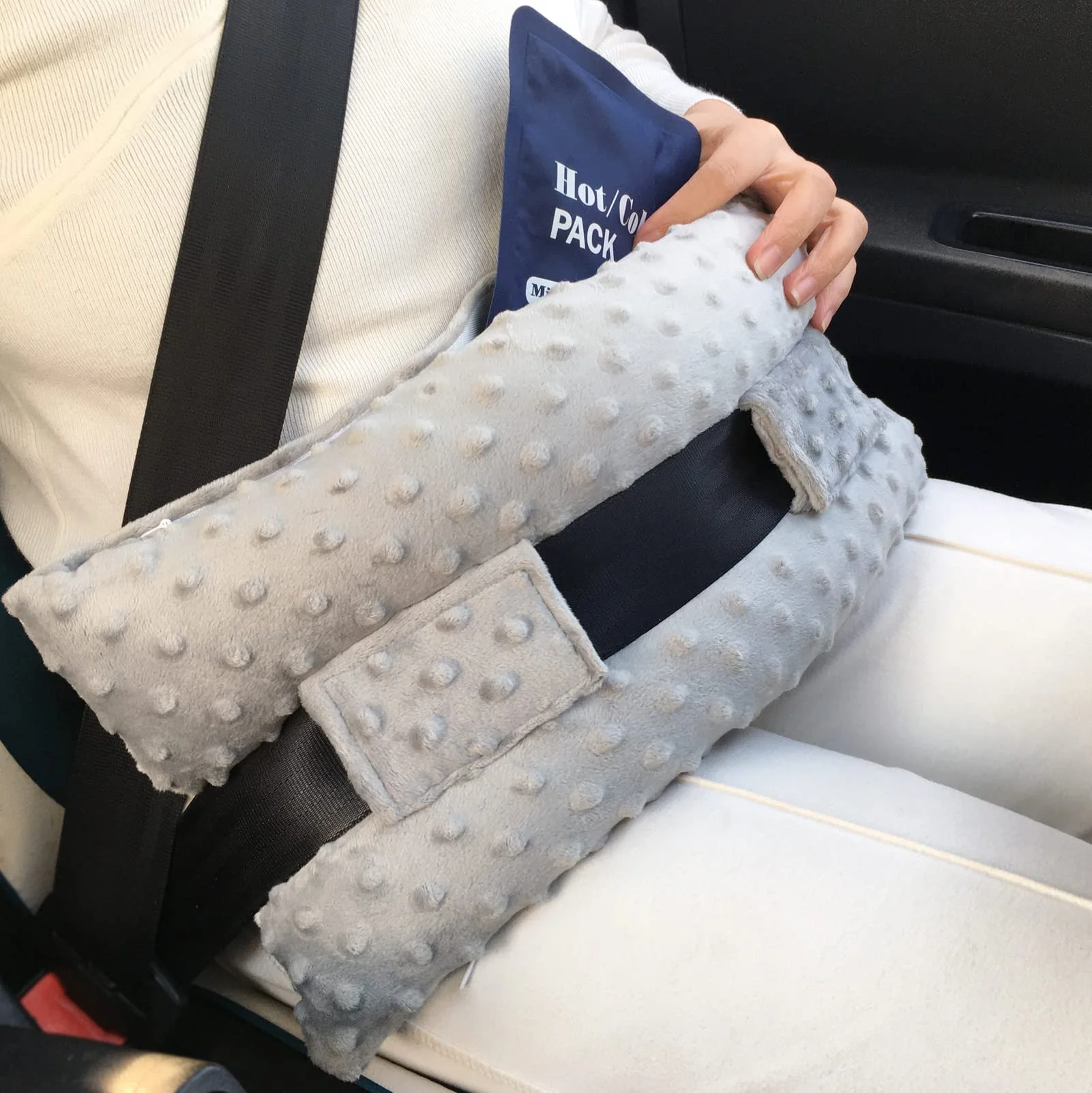 C-Section Seat Belt Pillow Gray abdominal seat belt pillow with hot and cold pack pocket