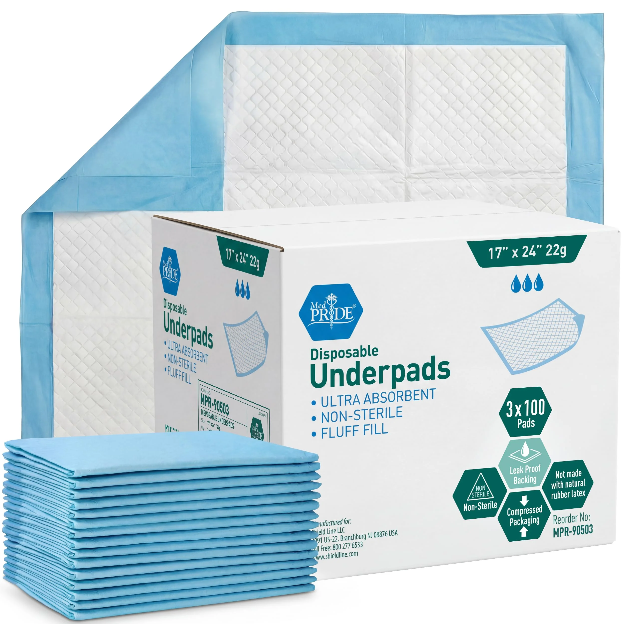 Blue disposable waterproof underpads with box and folded stack