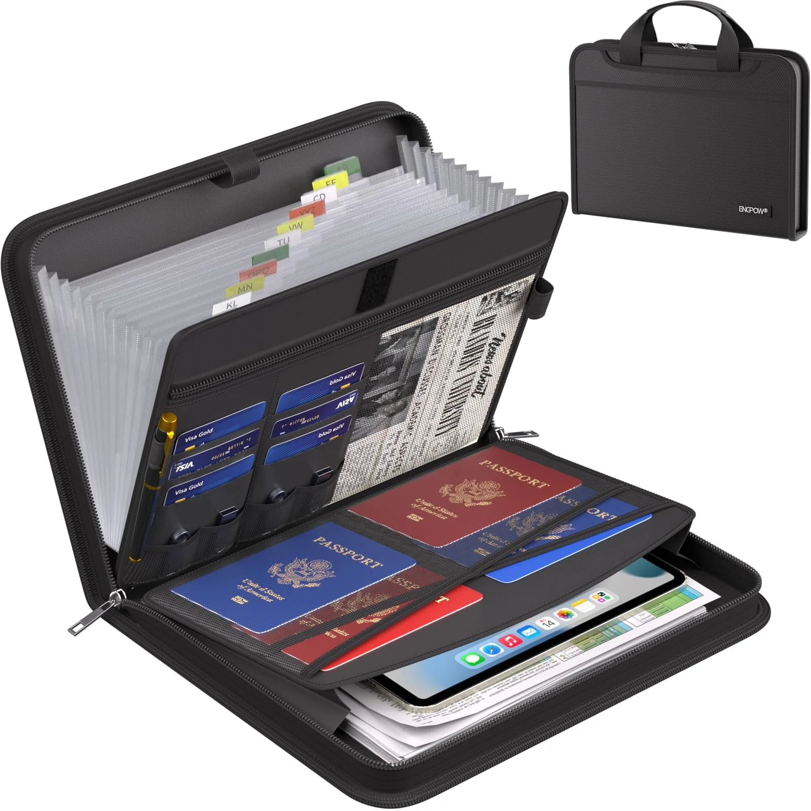 Black accordion document organizer holding passports and paperwork
