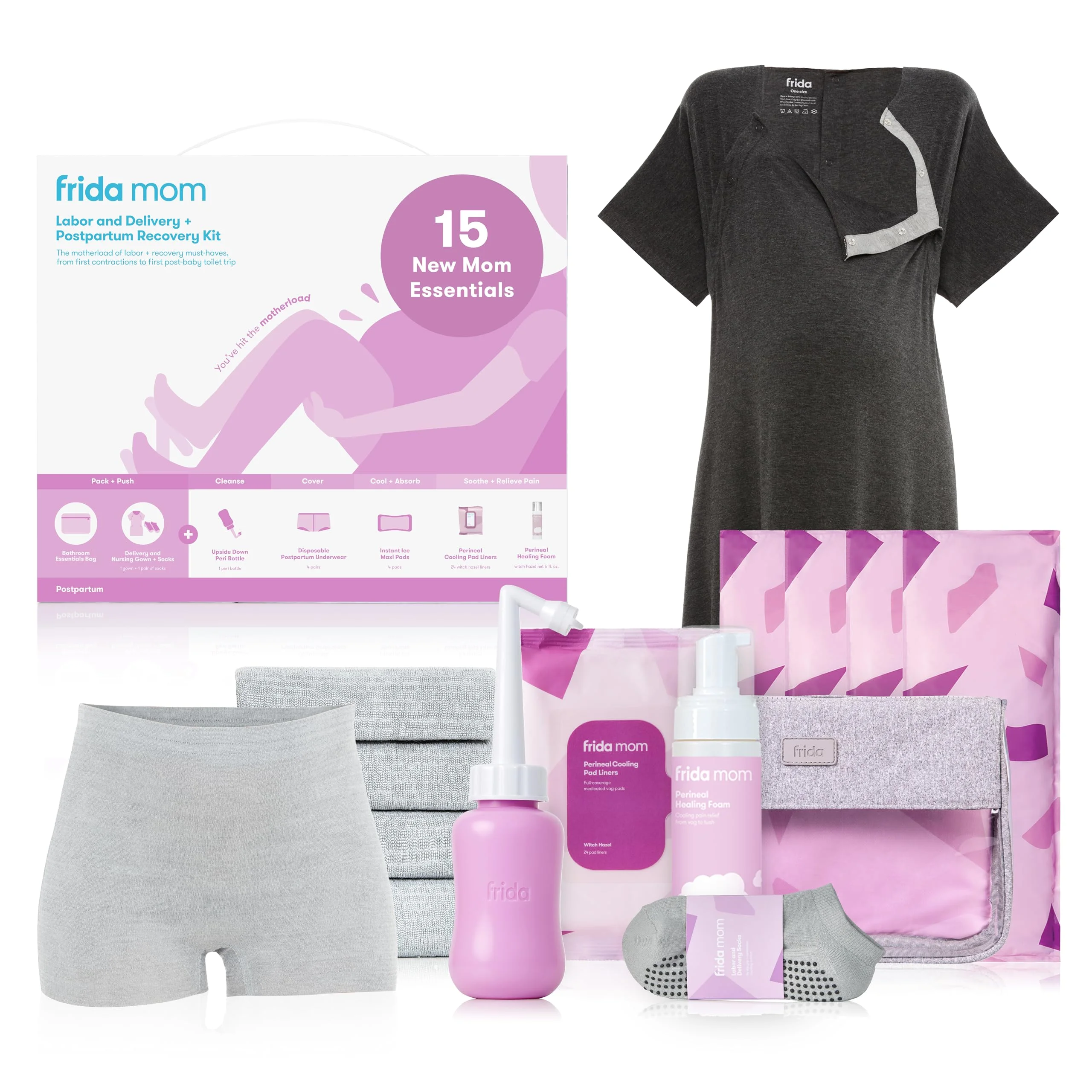 Frida Mom labor and postpartum kit with gown and recovery supplies