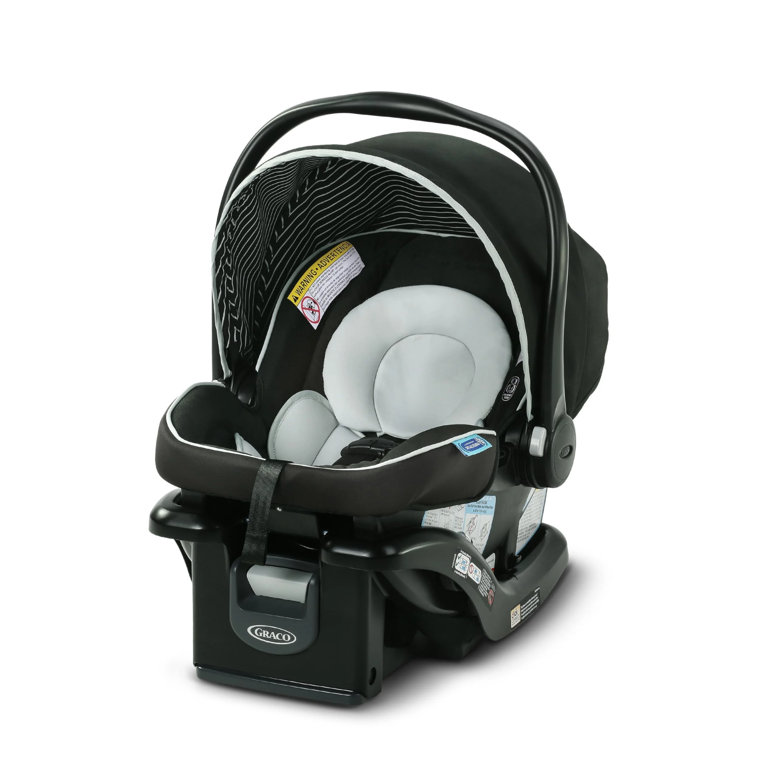 Black and gray Graco infant car seat attached to its base