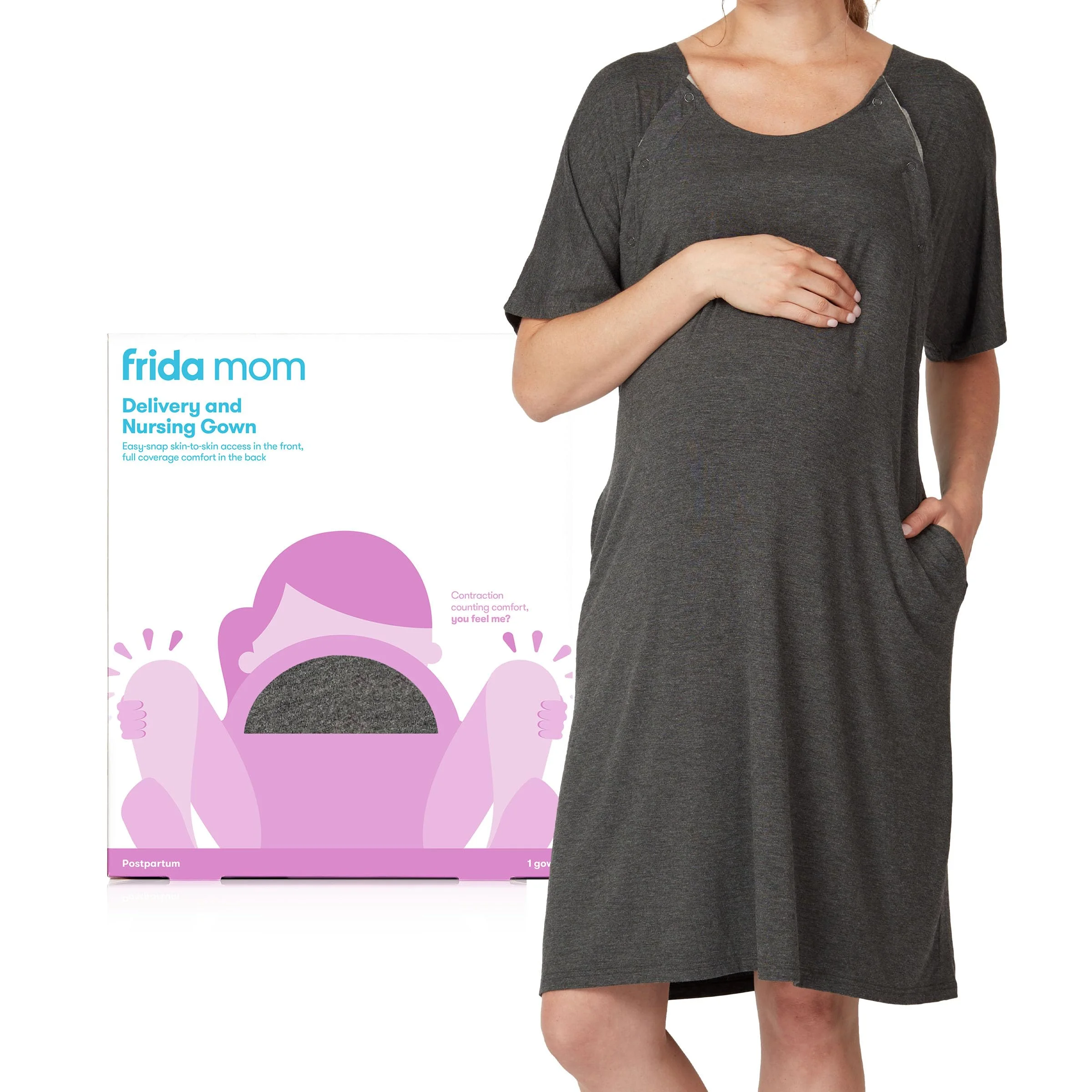 Labor and Delivery Gown Charcoal labor and delivery gown with short sleeves and pockets