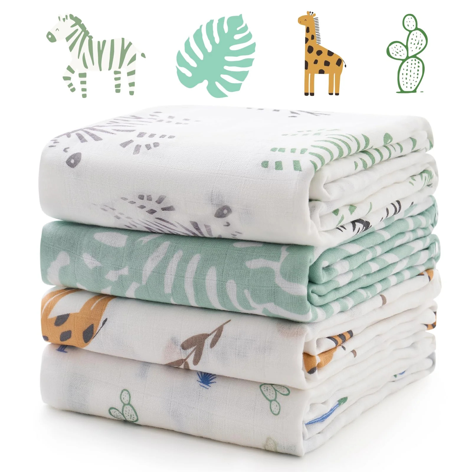 Muslin Swaddle Blanket Four folded muslin swaddle blankets with animal and leaf prints