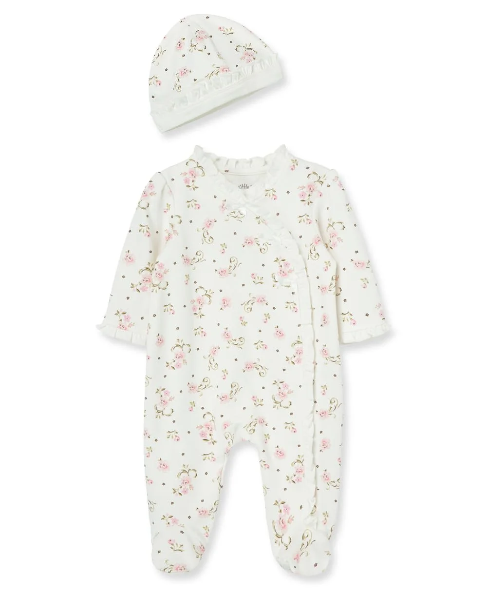 Ivory floral footed newborn sleeper with matching hat