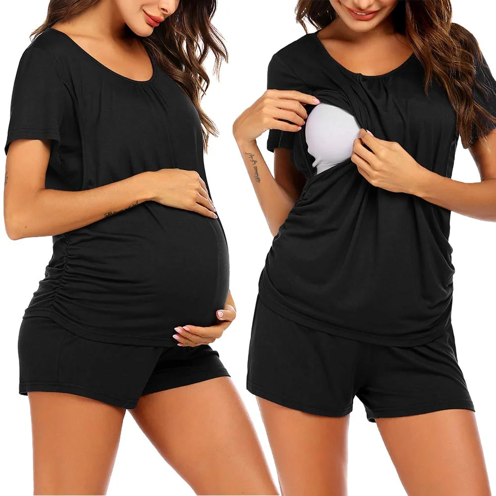 Black short-sleeve nursing pajama set with pull-aside access
