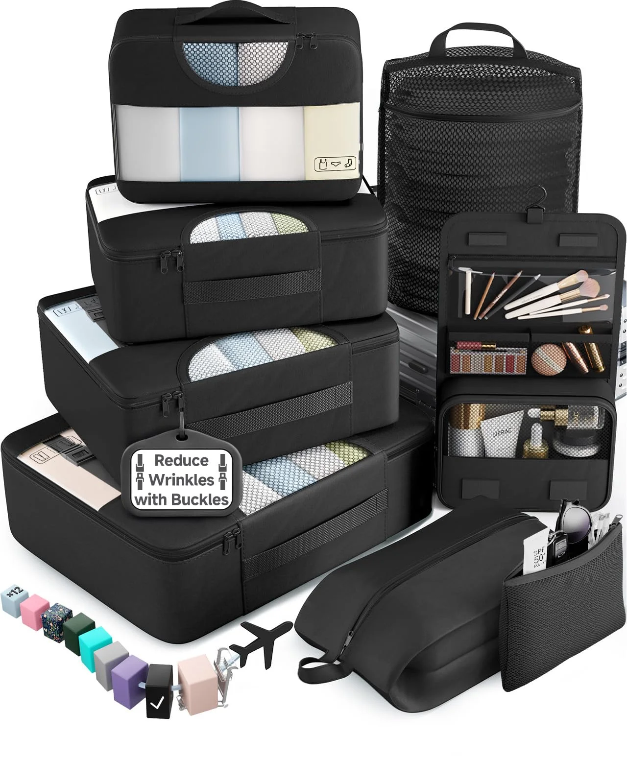 Black packing cube set with toiletry and accessory organizers