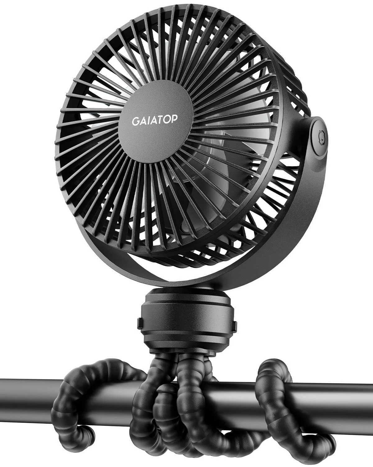Portable Clip-On Fan Black portable clip-on fan with flexible tripod base