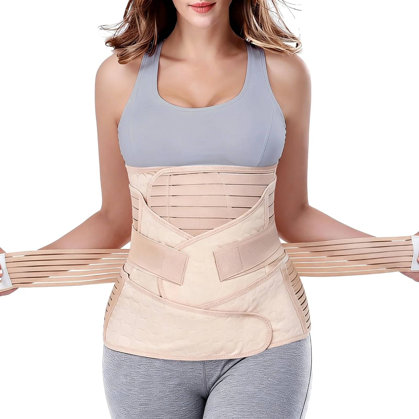 Postpartum Belly Binder Beige three-panel postpartum belly binder worn around the waist