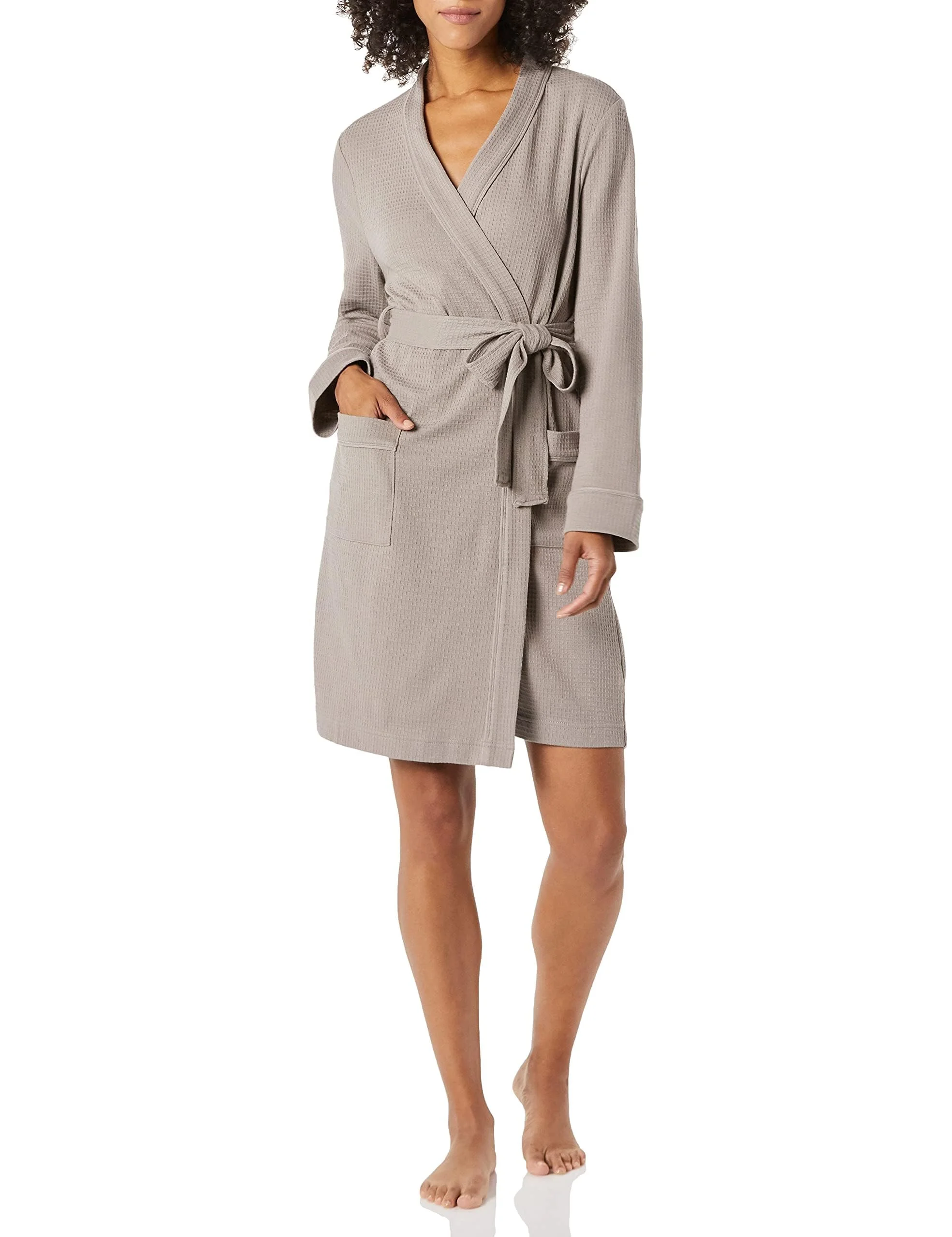 Postpartum Robe Gray waffle postpartum robe with waist tie and pockets