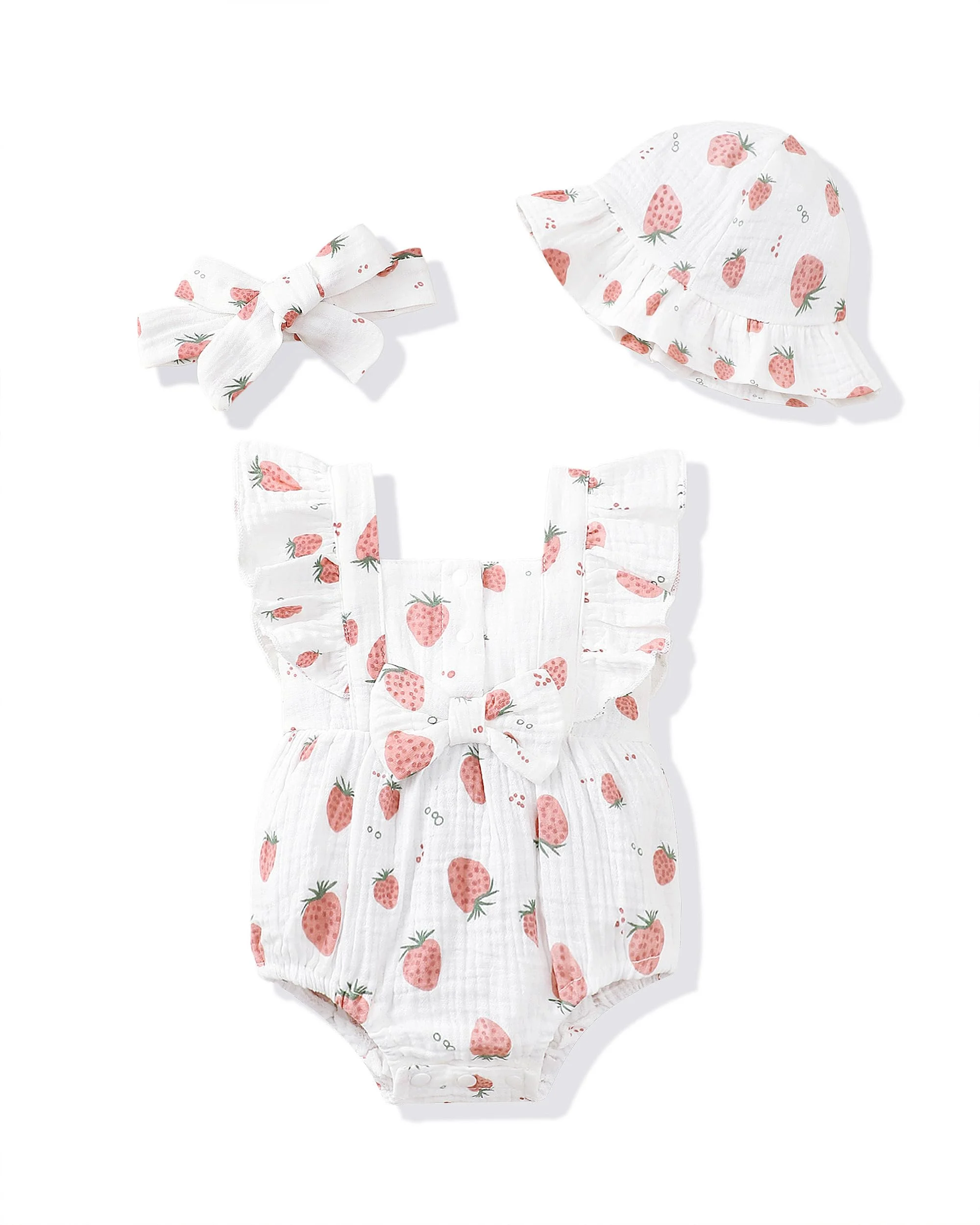 Summer Newborn Going-Home Outfit White strawberry-print newborn summer romper with hat and headband