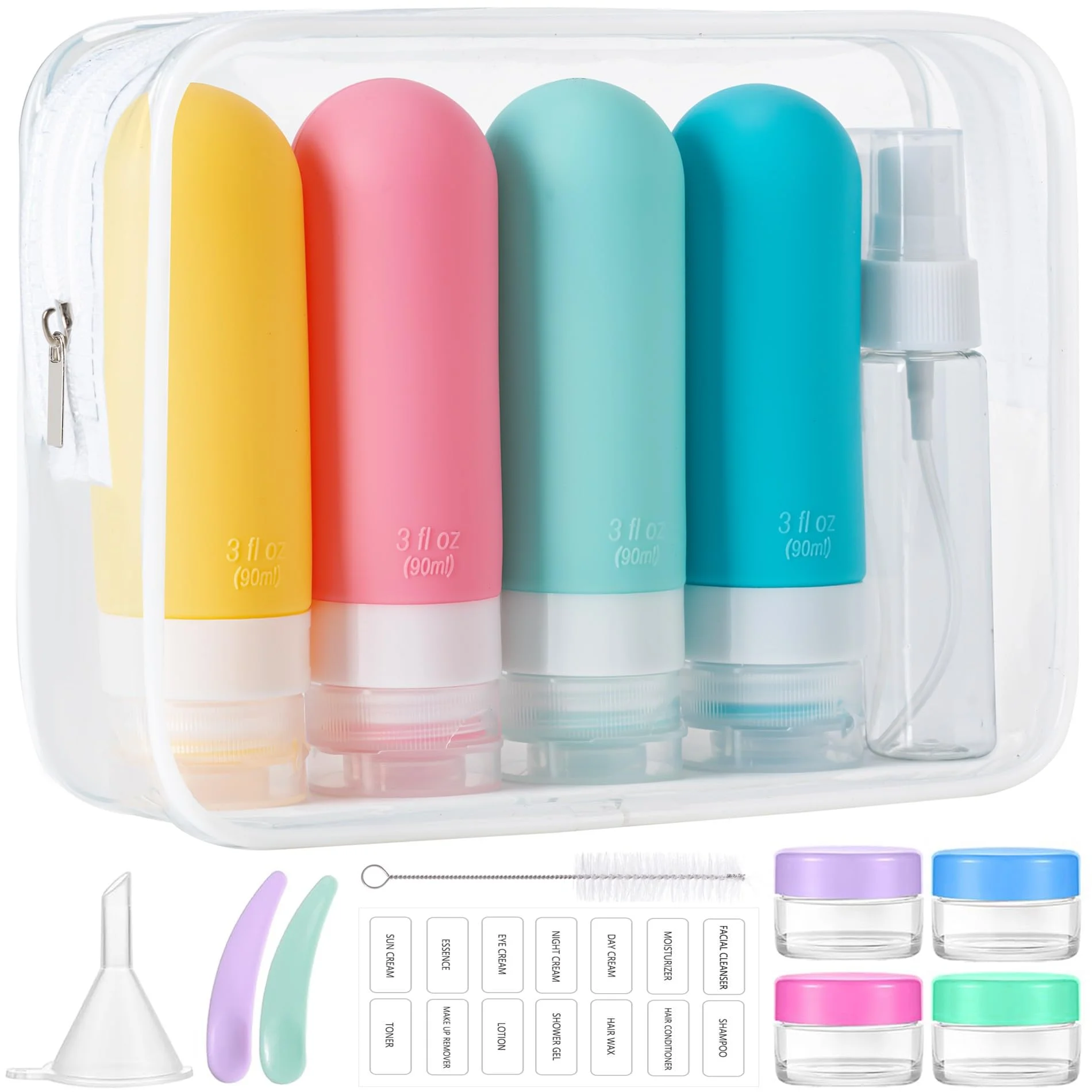 Colorful silicone travel bottles and toiletry containers in a clear case