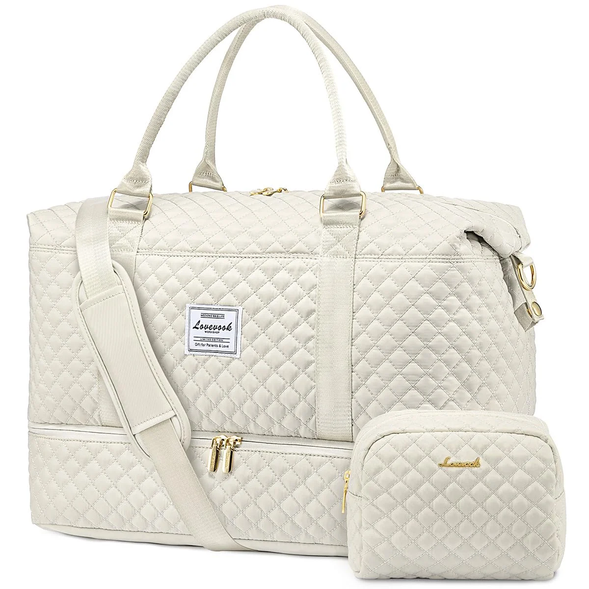 Beige quilted weekender duffel bag with matching toiletry pouch