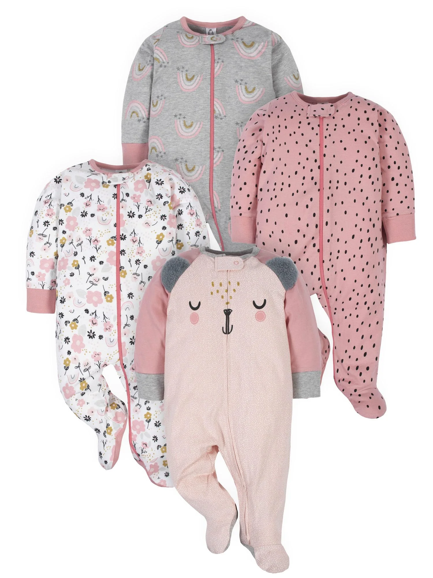 Winter Newborn Going-Home Outfit Four pink and gray footed newborn sleep-and-play outfits